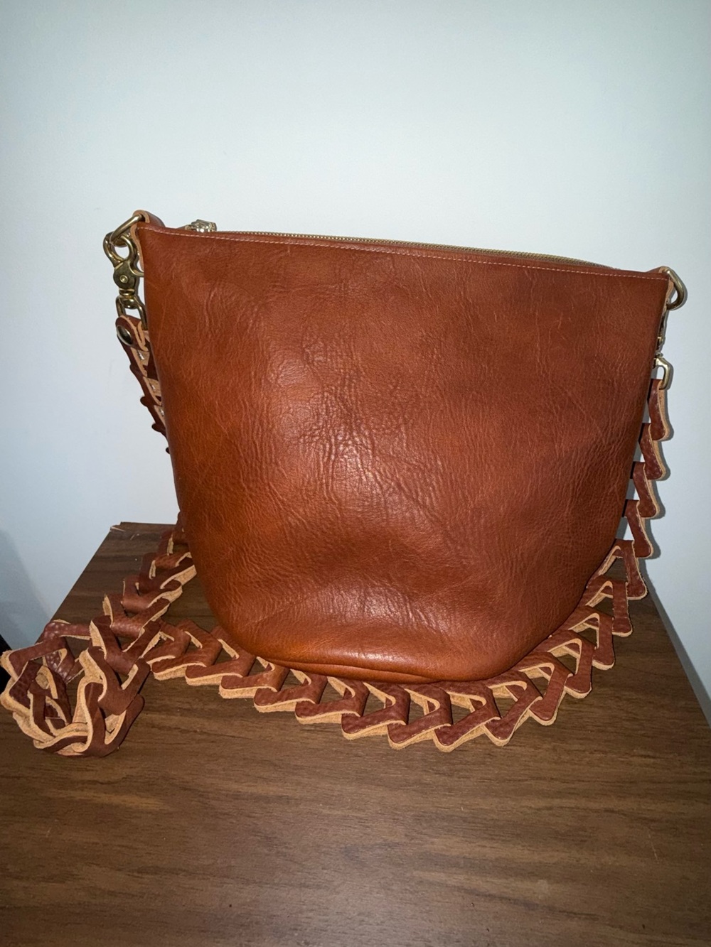 KMM & Co Macchiato Zip Bucket Tote with matching chain link strap